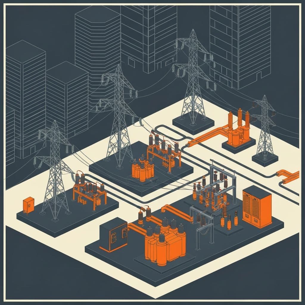 Isometric view of power infrastructure with substations and transmission lines